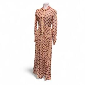 Vintage 70s Geometric Print Long Sleeve Maxi Dress Boho Retro Size 2